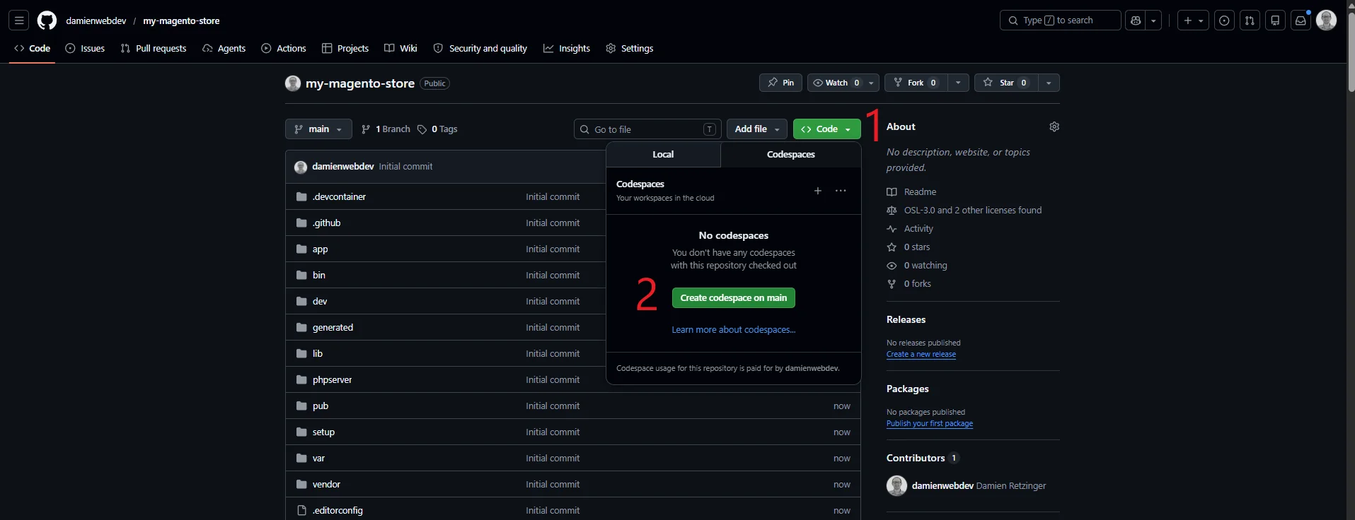 Create a codespace from the repo's Code menu