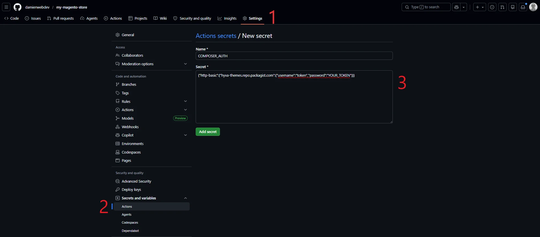 Adding the COMPOSER_AUTH Actions secret in repo settings