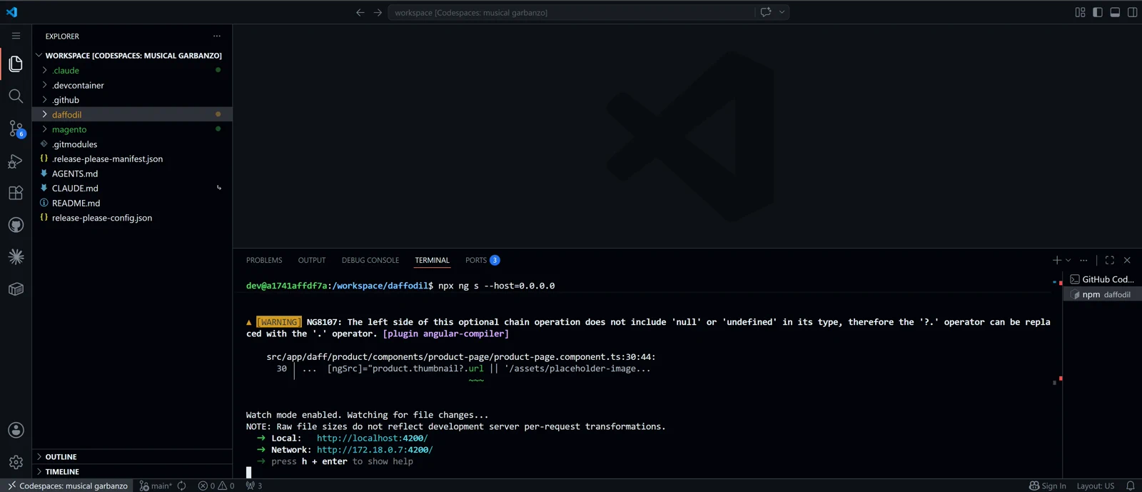 VS Code running inside a GitHub Codespace — file tree shows AGENTS.md, CLAUDE.md, daffodil, magento, and the terminal has the Angular dev server running on localhost:4200.