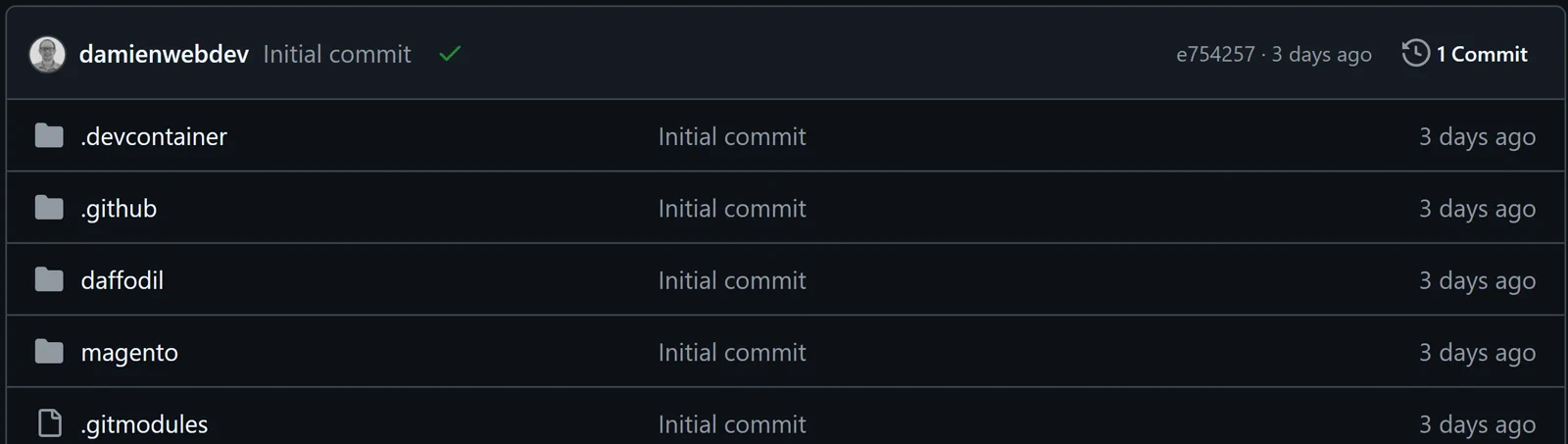 GitHub commit list showing a green check next to the initial commit — the automatic checker reporting that the change passed.