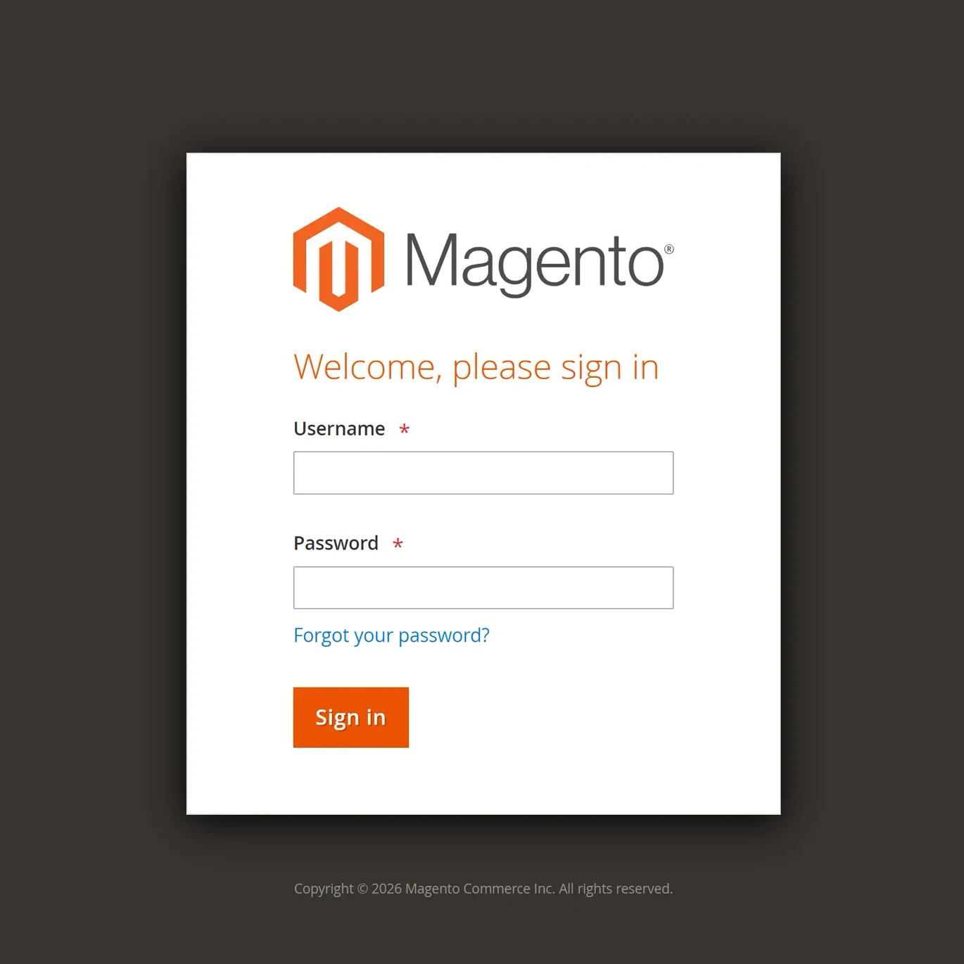 The Magento admin login screen — the back-office where you manage products, orders, and customers.
